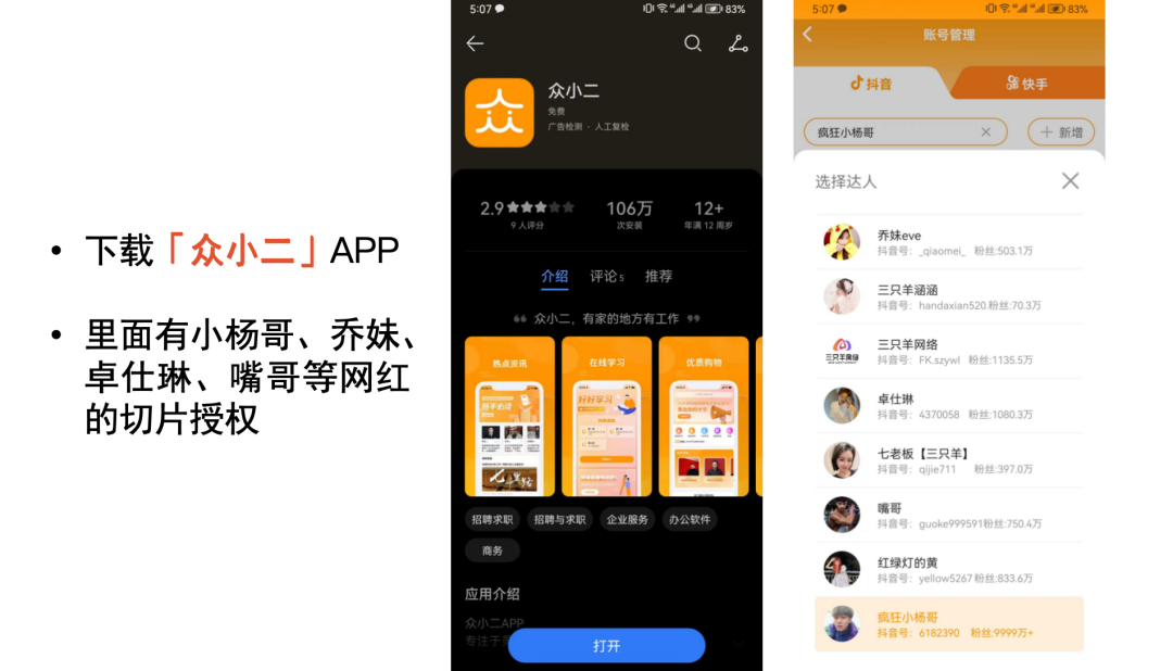 没想到明星IP切片的速成宝典在这里，这个项目拆解教程可以夸我一上午大象笔记
    Hello，宝子们，我是大象，欢迎大家添加我的微信：du4492


    再三声明：本人只要分享出来的项目本身都是免费的和完整的，不会找任何理由跟你收费（除非课程中用到的一些付费工具）


    1、《导师训练营2.0》—我又找到宝了！千万别错过的创业合伙人计划｜快来看！


    2、搞钱社群 ———-?大象项目研习社 | 一个专门搞钱的社群


    今天我要向大家介绍一种全新的明星IP切片玩法，即图文带货的IP切片玩法。


    有一个拥有1600多粉丝的新账号，凭借这种玩法，每个月的带货GMV高达20万。


    


    


    
        
            
                
                    01
                
            
            
                
                
                
                    做好准备工作
                
                
                
            
        
    


    明星IP切片项目可以说是一个比较老的项目了，相信大家对它或多或少都有所了解。


    


    简而言之，就是申请像小杨哥、毛毛姐、张柏芝、郝劭文等大IP的直播切片授权，将他们的直播过程剪辑成短视频，发布到短视频平台进行带货。


    


    通常情况下，你可以拿到销售佣金的3-4成。


    


    早期参与IP切片带货的人已经赚得盆满钵满，月销售佣金超过百万的人不在少数，但随着越来越多的人涌入，项目的收益也在逐渐下降。


    


    而今天我要分享的是IP切片项目的一种全新玩法，即IP切片图文带货。


    


    虽然目前这种玩法的人还不是很多，但效益却依然爆炸。今天我也想第一时间和大家分享。


    


    让我们先来看一个案例。


    


    比如，这个账号就是通过以图文形式制作“多余与毛毛姐”的切片带货笔记。


    


    我们可以看到，这些数据都相当不错，基本上都有数百个点赞。


    


    像这些账号一样，一个账号每个月的带货佣金都能达到几万元，而且制作起来很简单，还有官方流量扶持。


    


    据我估计，这个项目仍然具有很大的上升潜力。


    


    为什么这么说呢？


    


    因为明星IP本身已经具备了强大的人设，转化率会非常高。


    


    另外，图文带货目前正是抖音大力扶持的板块，发布图文材料后会有流量扶持。


    


    因此，将明星IP与图文带货结合起来，在当前时点切入，有很大的机会快速获得结果。


    


    
        
            
                
                    02
                
            
            
                
                
                
                    如何操作
                
                
                
            
        
    


    那么这个项目具体如何运作呢？接下来我将详细解析。


    


    首先，最关键的第一步是申请IP的切片授权。


    


    如果没有官方授权，你发布这些内容基本上是违规的，或者会被举报。


    


    目前，可以对外开放授权的主要IP有小杨哥、张柏芝、郝劭文、金星、多余与毛毛姐、朱梓骁等。


    


    其中，小杨哥的IP授权申请可以在“众小二”这个应用程序中进行。


    


    你只需去应用商店搜索“众小二”即可。


    


    众小二是三只羊公司旗下的软件，你可以申请该公司旗下所有明星的切片授权，例如小杨哥、乔妹、大嘴等。


    


    不过在这里，你需要先完成3门课程，并通过一次考试。


    


    考试大约有30道题目，需要达到90分以上才能申请授权。


    


    但是大家不用担心，我已经为你们准备好了考试答案，你们可以直接在文章结尾领取。


    


    


    至于像张柏芝、郝劭文这样的明星IP，他们的申请过程相对简单。


    


    你可以直接去“蝉选”网站上申请，填写相关信息后直接提交即可。


    


    申请到切片授权后，接下来就是准备一个可以进行带货的抖音账号了。


    


    目前，开通带货权限需要至少有1000个粉丝才行。


    


    然而，很多朋友由于自己没有1000个粉丝，无法开通橱窗功能而感到困惑。


    


    因此，我也准备了5种开通橱窗的方法。


    


    当然，这不是项目的核心，内容也比较多，因此我不会在这里详细展开讲解如何开通橱窗。


    


    我会将所有操作整理成文档提供给大家，放在文章结尾。你们可以在需要时自行参考操作。


    


    开通橱窗后，接下来我们要开始准备制作图文素材了。


    


    制作这种图文内容其实非常简单。


    


    基本上，你只需要把IP的图片裁剪出来，然后还有商品的图片，再加上关于产品的卖点文案，组成带货图片。


    


    


    首先，授权方会提供明星IP的切片或照片，我们可以直接从切片中截取，或通过各种渠道搜索到明星的照片。


    


    然后，使用美图秀秀或稿定设计等工具将图像进行裁剪，将明星的图像和产品图片都裁剪出来。


    


    


    最后，使用美图秀秀将图像进行拼接，中间加上产品的卖点文案，这样一张明星IP切片图就做好了。


    


    记住这个万能结构：明星IP+产品图片+卖点文案。


    


    按照这种方式操作，重复制作不同的图文素材。准备好素材后，直接发布图文笔记，并加上相应的文案、话题和商品链接。


    


    只要有用户点击购买，你就能获得收益。


    
        
            
                
                    03
                
            
            
                
                
                
                    制作要点
                
                
                
                    
                
            
        
    


    整个项目的操作相比短视频IP切片来说更简单，不需要剪辑技巧，只需要懂得使用图片处理工具即可，效率也会更高。


    


    与此同时，图文带货正是抖音大力扶持的板块，因此非常值得一试。


    


    当然，要想把项目做好，最核心的是能否获得IP切片授权以及如何高效制作能成为爆款的图文带货笔记。


    


    我已经将项目相关的所有资料都打包好了，包括小杨哥IP授权申请的答案、开通抖音橱窗的5种方法，以及类似的爆款图文带货笔记制作教程。


    


    


    


    需要的伙伴，直接找我领取即可。


    


    扫码添加粉笔好友


    回复「明星图文」


    免费领取


    ↓↓↓


    公号：大象笔记，一个只讲赚钱的博主，私聊（赚钱）和1000名搞钱达人一起搞钱，并送38个月入过万的互联网项目。每天更新一篇赚钱干货文章，日更达人，寻找创业合伙人


    


    喜欢点赞，更多干货点击左上角我的头像，进入主页了解，交流学习du4492。更多一手项目干货，尽在公众号“大象笔记”，文章均首发


    
document.getElementById(“create_time”).innerHTML = (new Date(1698717051000)).toLocaleDateString(undefined,{year:”numeric”,month:”long”,day:”numeric”,hour:”numeric”,minute:”2-digit”})插图3