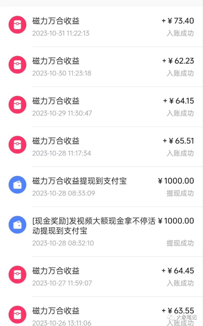 别再错过机会！2024年，你的钱包为何仍然瘪瘪的？大象笔记我是大象，欢迎大家添加我的微信：du4492再三声明：本人只要分享出来的项目本身都是免费的和完整的，不会找任何理由跟你收费（除非课程中用到的一些付费工具）1、《导师训练营2.0》—我又找到宝了！千万别错过的创业合伙人计划｜快来看！2、搞钱社群 ———-?大象项目研习社 | 一个专门搞钱的社群在与粉丝的互动中，我发现他们常常觉得我分享的项目操作有一定难度。坦率地说，无论是哪个项目，想要做好都存在一定的难度。事实上，任何项目的盈利能力都遵循二八定律，只有极少数的百分之二十能够创造收入。甚至那些看起来很赚钱的项目，也有人未能获利；而那些看似不太赚钱的项目，却有人轻松赚得盆满钵满。在这个过程中，挑战与机遇始终共存，值得我们认真对待。一个容易上手的项目，对于新手和专业人士来说都很适合。这个项目成本低廉，但回报丰厚。一些专业人士甚至通过使用矩阵账号操作这个项目，每个月获得十多万的收入。大佬们拥有更多的资源可以投入这个项目，而小白们也可以通过花费一点时间来赚取一些生活费，所以无论是大佬还是小白，都能从中受益。那么，这个项目具体是什么呢？实际上，它是某手的磁力聚星。简单来说，就是某音的星图广告。只要有人通过你的作品或直播下载应用，你就能获得佣金。就是这么简单。这让我想起过去刷某手的经历，那时也会有一些活跃的直播间，有个女生的声音一直引导着大家去下载APP。实际上，这就是同样的原理。具体项目应该如何操作呢？一、账号&内容手账号注册，就不细说了，有不懂的可以去百度搜索。注册成功后，记得绑定手机卡和SM。关于账号设置，我建议选择美女号，原因很简单，美女号能获得更大的流量。选35-45岁之间微胖的美女比较好，她们能吸引有付费能力的人群。想要美女素材，可以在抖音或者视频号上搬运，然后简单处理一下，这样的素材非常多。 开始时，每天坚持发三条作品，如果流量超过5000，可以尝试更多宣传。二、开通磁力聚星超过100个粉丝后，您可以开通磁力聚星功能。首先打开某手App，并点击设置，在其中找到创作者中心。然后点击全部服务，找到磁力聚星并进入该页面，向下滑动至底部，您会看到一个立即开通聚星的选项。然后点击进去到最下面，有个立即开通聚星。按照下面的步骤进行操作，首先需要获得一个码，然后选择参与该任务。一旦开通成功，您将收到一个已激活的提示信息。完成以上步骤后，您就可以开通磁力聚星并开始获得佣金了。系统将提醒您直接去开播，而您可以选择进行语音直播。三、开播搞佣金无需额外设备，手机和电脑均可开通该项目。简易操作只需播放音频，系统会自动循环播放。电脑用户可使用直播伴侣应用进行开播，并直接播放音频。最后，将推广链接放置在直播间即可轻松推广。项目利润如何？专为新手和专业人士设计的项目 这个项目并不适合那些经验丰富的人参与，因为它的操作对于新手来说非常简单且容易复制，同时也为专业人士提供了机会，因为简单的项目通常能够快速盈利。新手参与此项目可以轻松地在一个月内赚取几千上万的收入。 由于篇幅限制，我在此没有详细介绍，如有兴趣，请私信我以获取详细文档。更多项目如果你想了解更多项目课程，请直接关注大象项目库，每天更新5-20个精品项目资源
                    大象笔记
                    一个持续分享搞钱的人，专注互联网思维+项目实操+变现工具
                  公众号该公众号已被封禁今天的项目分享就到这里了，希望对你有所帮助！看完先点亮“在看”再点“赞”，这是对作者的尊重和支持，谢谢大家！如果有任何疑问，可以添加大象的微信进行深入交流！公号：大象笔记，一个只讲赚钱的博主，私聊（赚钱）和1000名搞钱达人一起搞钱，并送38个月入过万的互联网项目。每天更新一篇赚钱干货文章，日更达人，寻找创业合伙人喜欢点赞，更多干货点击左上角我的头像，进入主页了解，交流学习du4492。更多一手项目干货，尽在公众号“大象笔记”，文章均首发在此document.getElementById(“create_time”).innerHTML = (new Date(1702370494000)).toLocaleDateString(undefined,{year:”numeric”,month:”long”,day:”numeric”,hour:”numeric”,minute:”2-digit”})插图8
