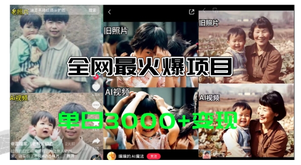 全网爆火的AI让老照片动起来教程，蹭热点日赚3k+，内含免费工具一键可生成插图