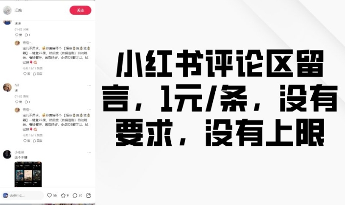 小红书评论区留言，1元条，没有要求，没有上限插图