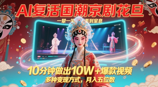 AI复活国潮京剧花旦，一颦一笑美到窒息，10分钟做出10W+爆款视频，多种变现方式，月入五位数插图