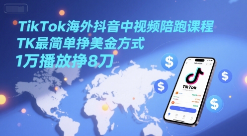 TikTok海外抖音中视频陪跑课程，TK最简单挣美金方式，1万播放挣8刀插图