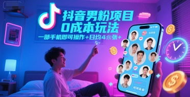 抖音男粉项目0成本玩法，一部手机即可操作，日均4张+，时间自由插图