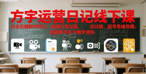 方宇运营日记线下课，包含剪辑制作技巧、拍摄引导过程、起号思维导图、选题等多个教学资料插图