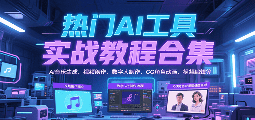 热门AI工具实战教程合集，AI音乐生成、视频创作、数字人制作、CG角色动画、视频编辑等插图