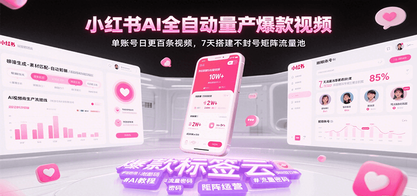 小红书AI全自动量产爆款视频，单账号日更百条视频，7天搭建不封号矩阵流量池插图