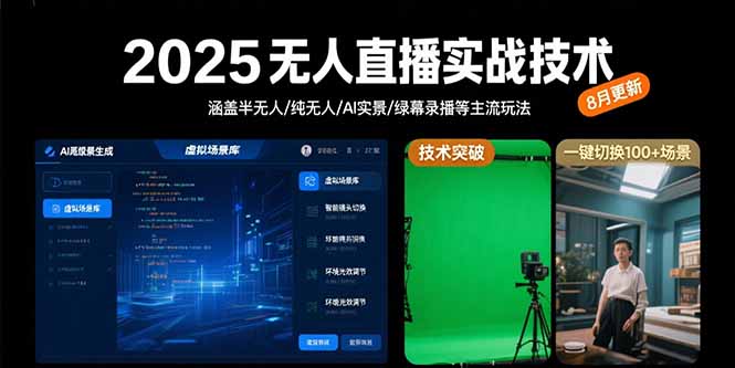 （15621期）2025无人直播实战技术-8月，涵盖半无人/纯无人/AI实景/绿幕录播等主流玩法插图