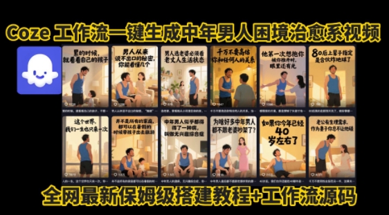 coze工作流一键生成”中年男人困境扎心高涨粉高播放量图文视频”保姆级拆解教程，无需剪辑，无需拍摄写文案插图