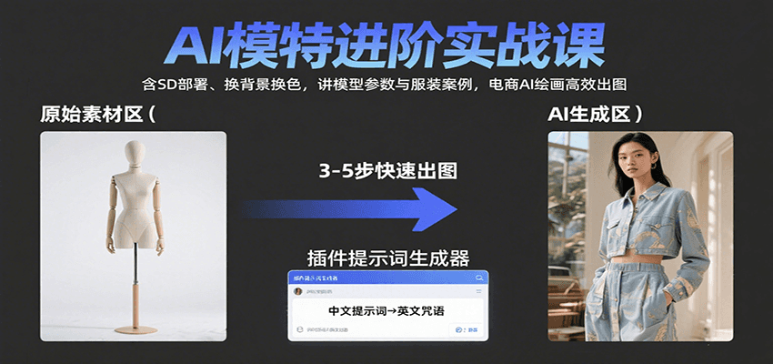 AI模特进阶实战课：含SD部署、换背景换色，讲模型参数与服装案例，电商AI绘画高效出图插图