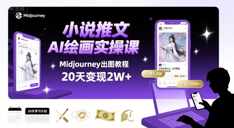 小说推文干货分享之AI绘画MJ出图实操课，用Midjourney做小说推文，20天挣2w插图