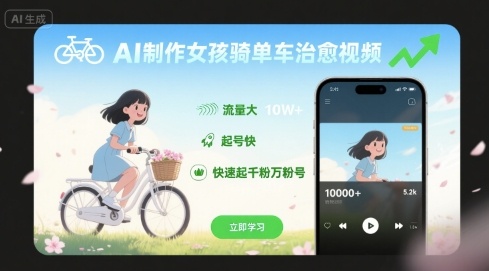 AI制作女孩骑单车治愈视频，流量大，起号快，快速起千粉万粉号插图