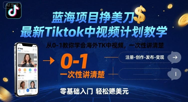 蓝海项目挣美刀，最新Tiktok中视频计划教学，从0-1教你学会海外TK中视频，一次性讲清楚插图