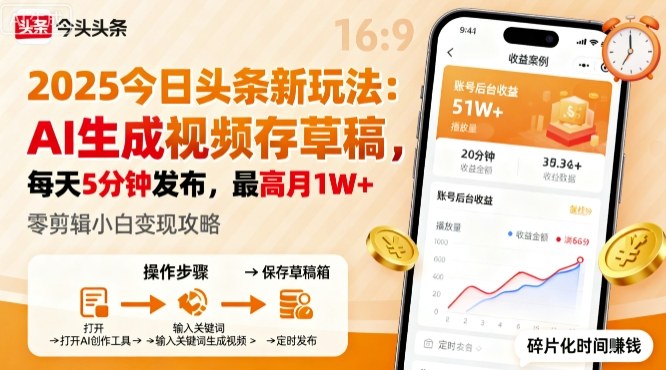 2025年今日头条躺賺新玩法，AI生成视频存草稿，每天5分钟发布，最高月1W+插图