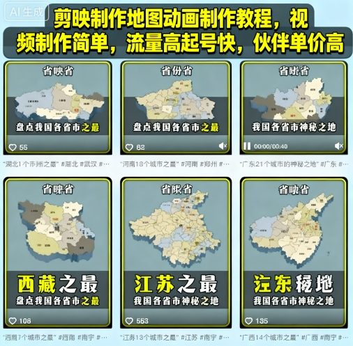 剪映制作地图动画制作教程，视频制作简单，流量高起号快，伙伴单价高插图