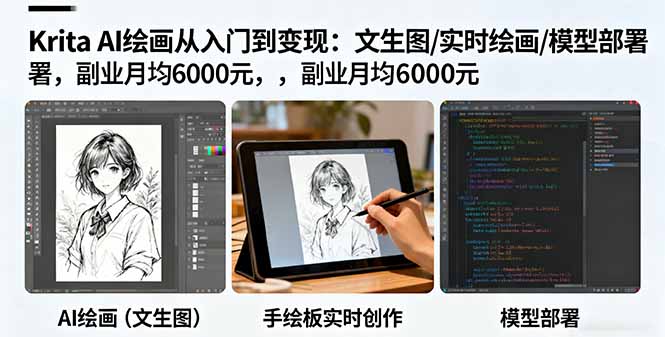 （16222期）Krita AI绘画从入门到变现：文生图/实时绘画/模型部署，副业月均6000元插图