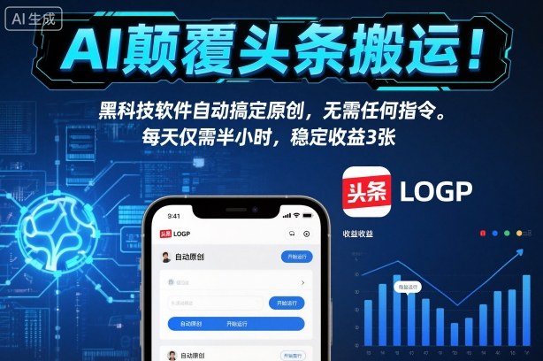 AI颠覆头条搬运！黑科技软件自动搞定原创，无需任何指令。每天仅需半小时，稳定收益3张插图