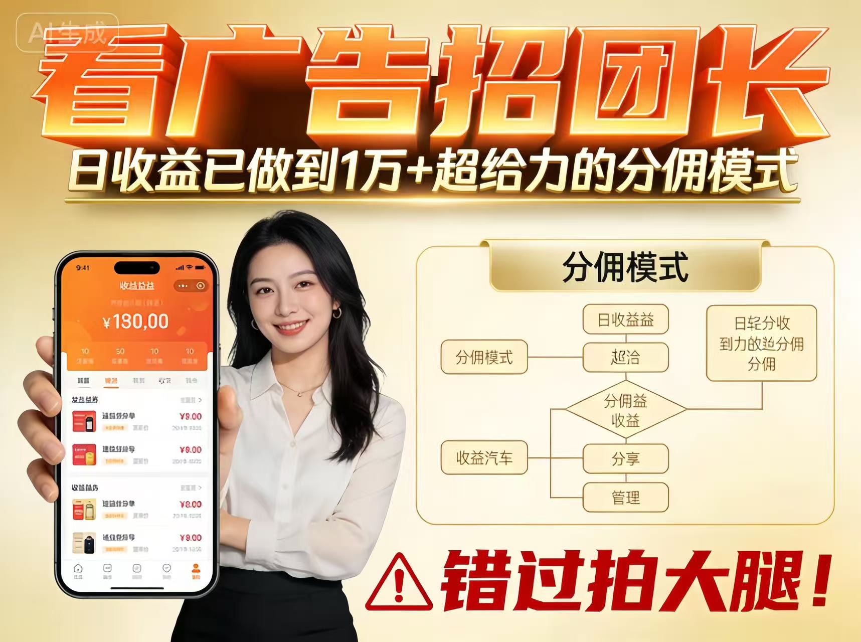 看广告招团长，团队收益已做到日入1万，分佣模式超给力，错过拍大腿插图