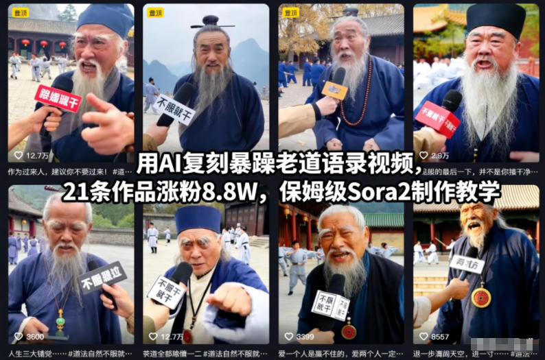 用AI复刻暴躁老道语录视频，21条作品涨粉8.8W，保姆级Sora2制作教学插图