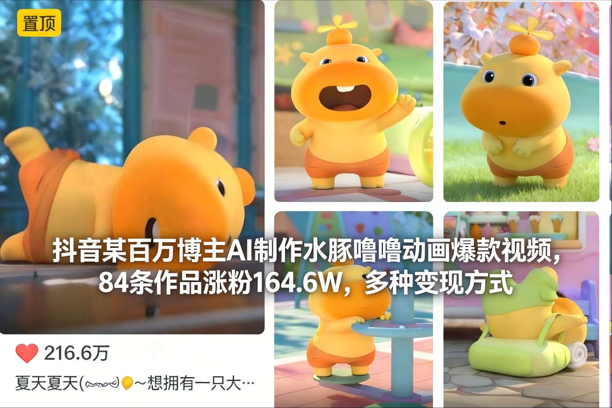 抖音某百万博主AI制作水豚噜噜动画爆款视频，84条作品涨粉164.6W，多种变现方式插图