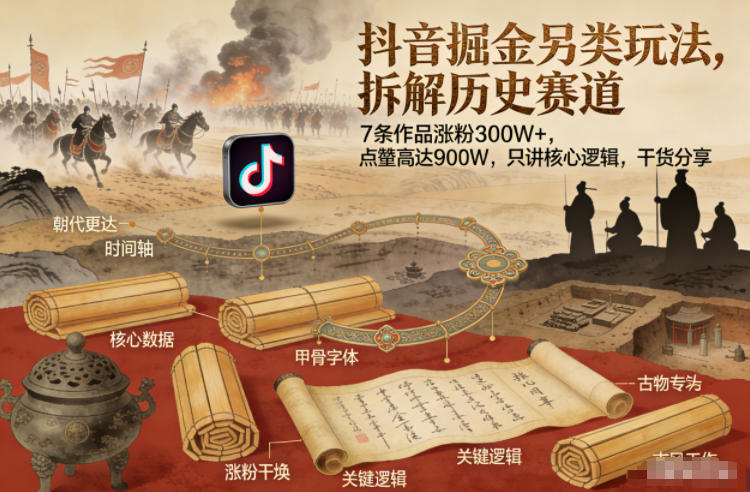 抖音掘金另类玩法，拆解历史赛道，7条作品涨粉300W+，点赞量高达900W，只讲核心逻辑，干货分享插图