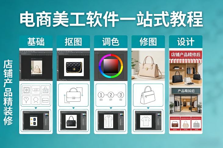 电商美工软件一站式教程，基础/抠图/调色/修图/设计，店铺产品精装修插图