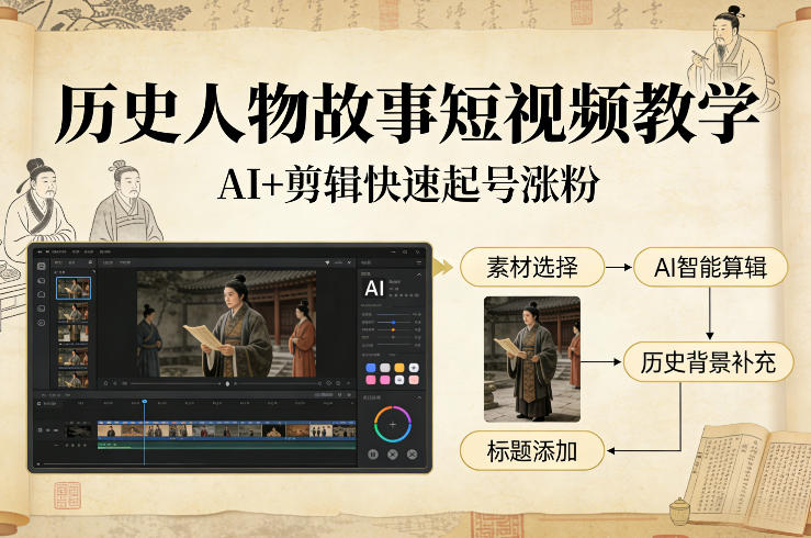 历史人物故事短视频教学，AI+剪辑制作历史人物题材短视频，快速起号涨粉插图