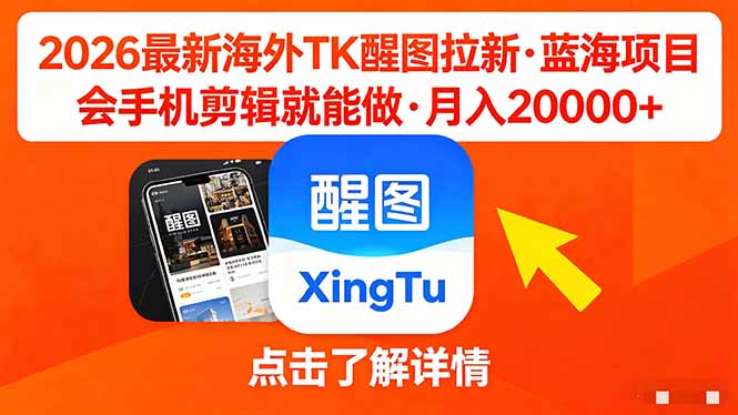 （18387期）26年最新海外Tk醒图拉新，蓝海项目，会手机剪辑就可以做，月入20000＋插图