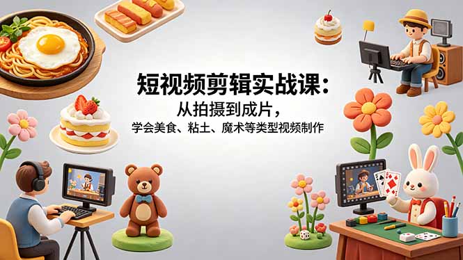 （18375期）短视频剪辑实战课：从拍摄到成片，学会美食、粘土、魔术等类型视频制作插图