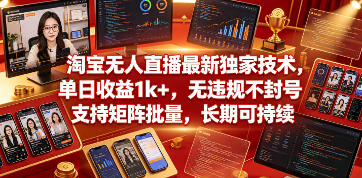 淘宝无人直播最新独家技术，单日收益1k+，无违规不封号，支持矩阵批量，长期可持续插图