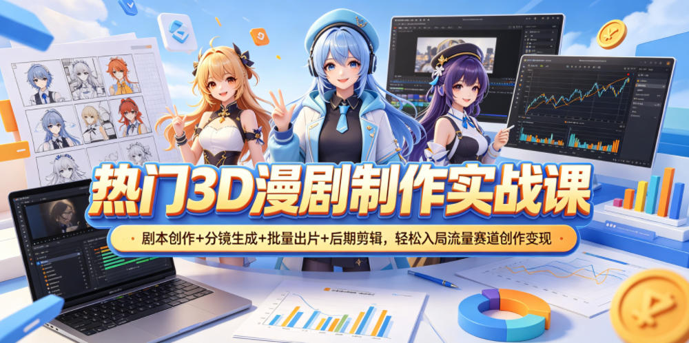 热门3D漫剧制作实战课，剧本创作+分镜生成+批量出片+后期剪辑，轻松入局流量赛道创作变现插图