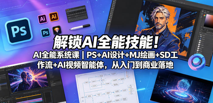 解锁AI全能技能！AI全能系统课｜PS+AI设计+MJ绘画+SD工作流+AI视频智能体，从入门到商业落地插图