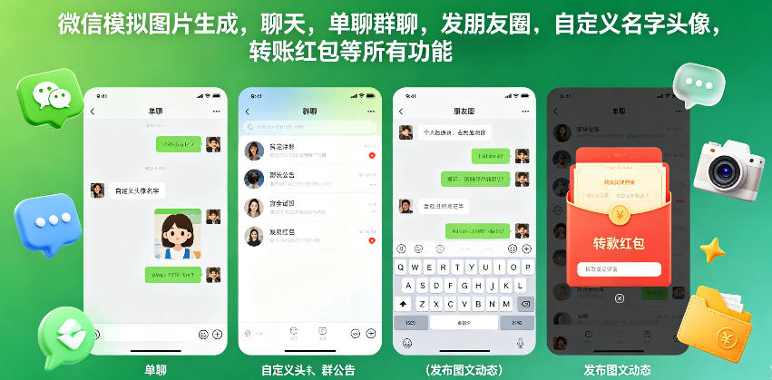 微信模拟图片生成，聊天，单聊群聊，发朋友圈，自定义名字头像，转账红包等所有功能都可以生成插图