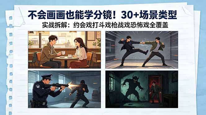 (18591期)不会画画也能学分镜!30+场景类型实战拆解:约会戏打斗戏枪战戏恐怖戏全覆盖插图 (18591期)不会画画也能学分镜!30+场景类型实战拆解:约会戏打斗戏枪战戏恐怖戏全覆盖插图