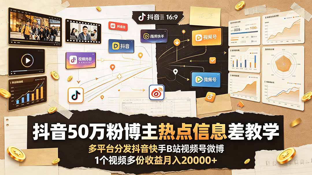 （19145期）抖音50万粉博主热点信息差教学：多平台分发抖音快手B站视频号微博，1个视频多份收益月入20000+插图