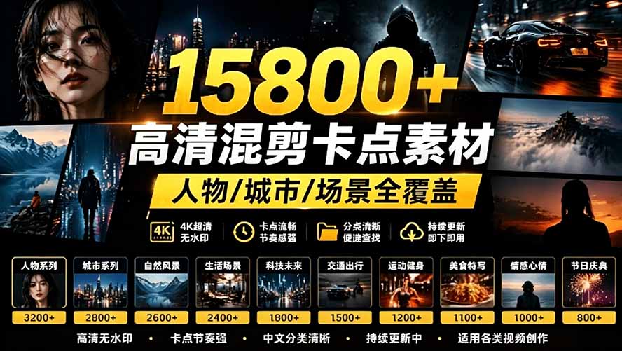 （19120期）【影视剪辑素材合集】15800+高清混剪卡点｜热门影视精彩片段｜人物/城市/场景全覆盖，中文分类清晰插图