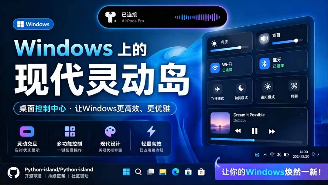 (19104期)Windows也能拥有桌面灵动岛!现代化的系统控制中心,让你的电脑多个黑刘海,PyIsland插图 (19104期)Windows也能拥有桌面灵动岛!现代化的系统控制中心,让你的电脑多个黑刘海,PyIsland插图