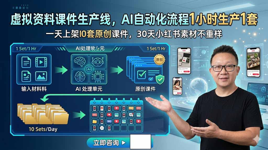 （19091期）虚拟资料课件生产线，AI自动化流程1小时生产1套，一天上架10套原创课件，30天小红书素材不重样插图