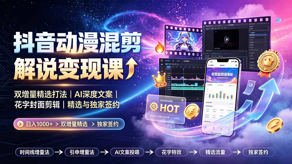 （19311期）抖音动漫混剪解说变现课：双增量精选打法｜AI深度文案｜花字封面剪辑｜ 精选与独家签约日入1000+插图