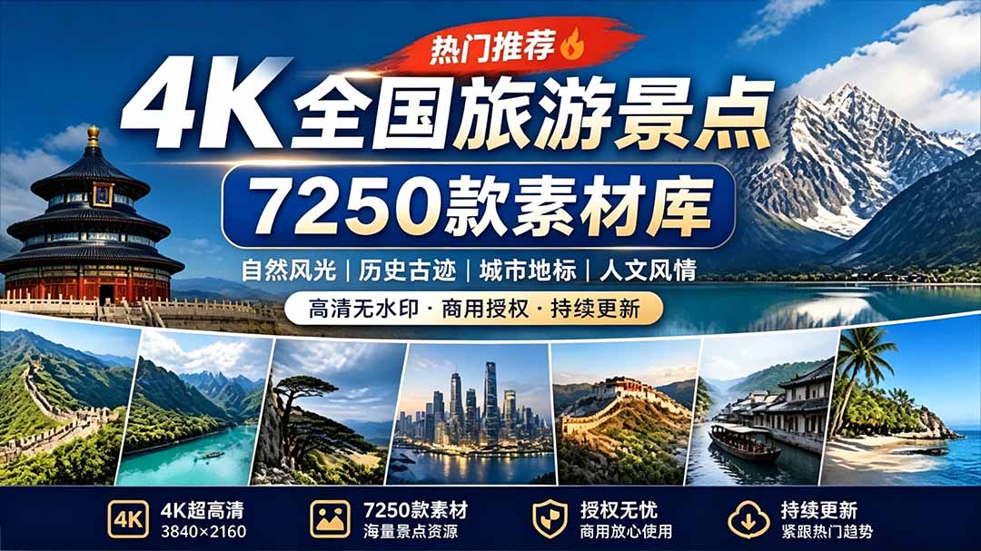 （19309期）热门全国旅游风景素材！4K全国旅游景点素材库，7250款素材，旅行达人城市航拍风景风光高清短视频插图