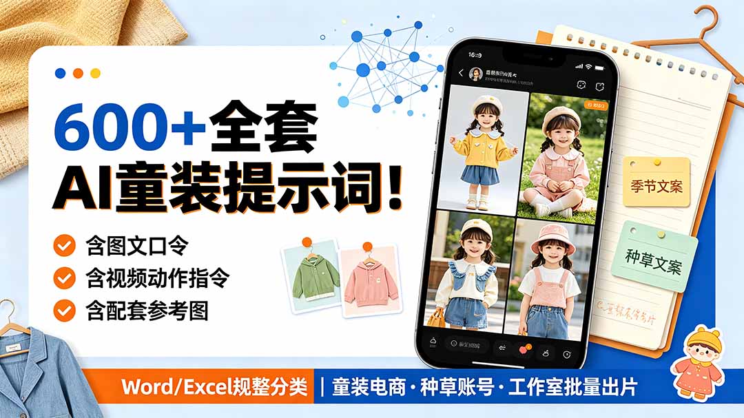 （19302期）600+全套AI童装提示词！含图文口令+视频动作指令+配套参考图，Word/Excel规整分类，童装电商、种草无脑量产内容插图