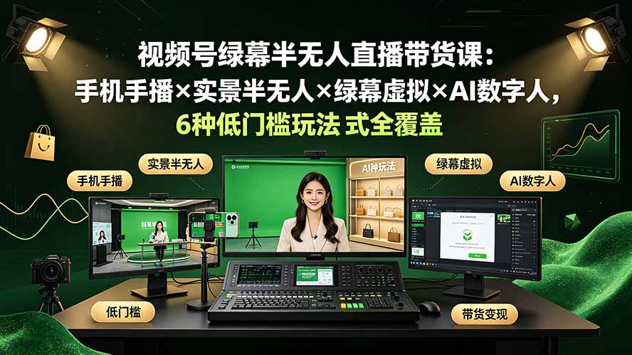(19271期)视频号绿幕半无人直播带货课:手机手播×实景半无人×绿幕虚拟×AI数字人,6种低门槛玩法全覆盖插图 (19271期)视频号绿幕半无人直播带货课:手机手播×实景半无人×绿幕虚拟×AI数字人,6种低门槛玩法全覆盖插图