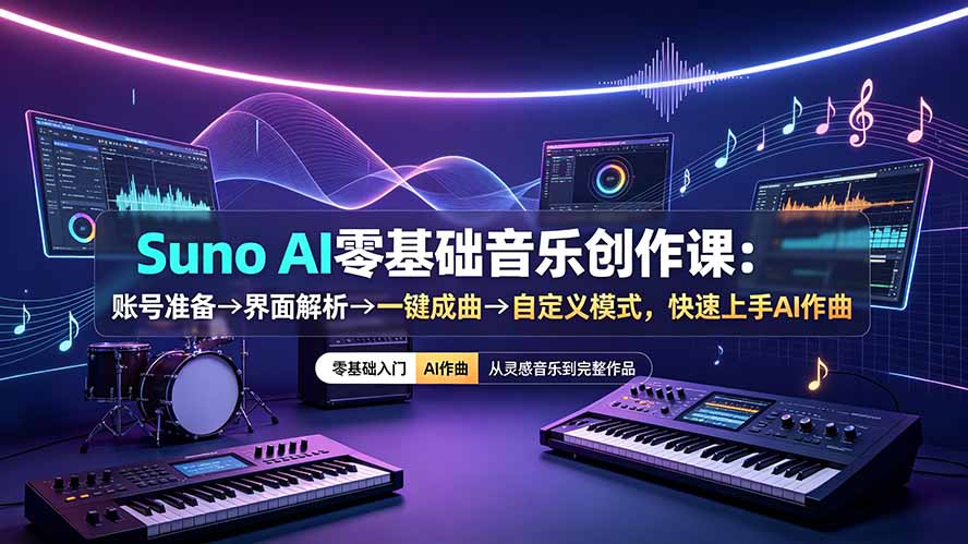 (19264期)Suno AI零基础音乐创作课:账号准备→界面解析→一键成曲→自定义模式,快速上手AI作曲插图 (19264期)Suno AI零基础音乐创作课:账号准备→界面解析→一键成曲→自定义模式,快速上手AI作曲插图