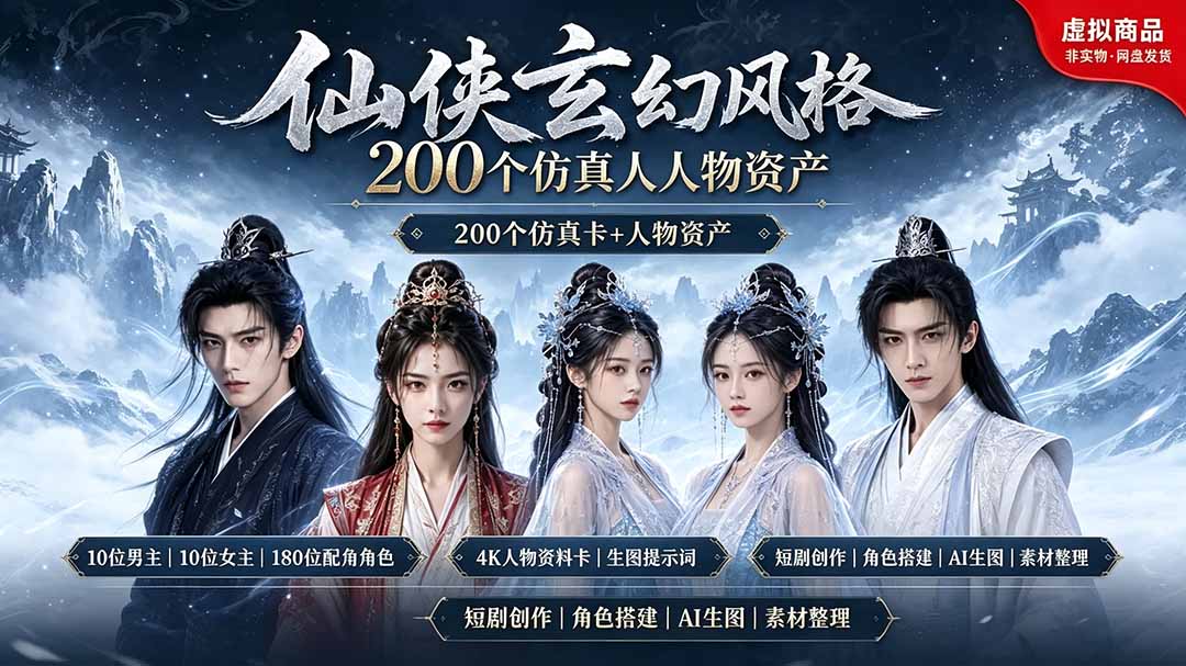 (19301期)200个仙侠玄幻仿真人素材◆10男主×10女主×180配角,4K资料卡+AI生图提示词,漫剧必备插图 (19301期)200个仙侠玄幻仿真人素材◆10男主×10女主×180配角,4K资料卡+AI生图提示词,漫剧必备插图