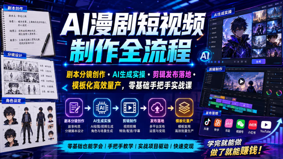 AI漫剧短视频制作全流程｜剧本分镜创作・AI生成实操・剪辑发布落地・模板化高效量产，零基础手把手实战课插图
