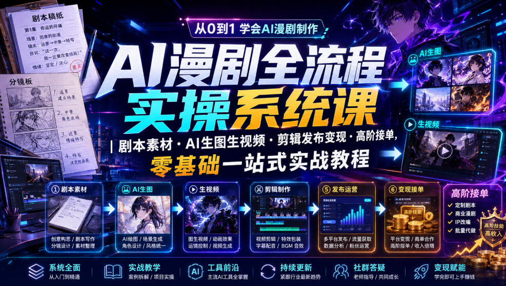 AI漫剧全流程实操系统课｜剧本素材・AI生图生视频・剪辑发布变现・高阶接单，零基础一站式实战教程插图