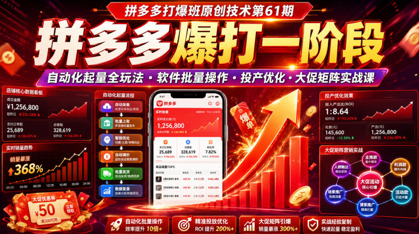 拼多多打爆班原创技术第61期，拼多多爆打一阶段，自动化起量全玩法・软件批量操作・投产优化・大促矩阵实战课插图