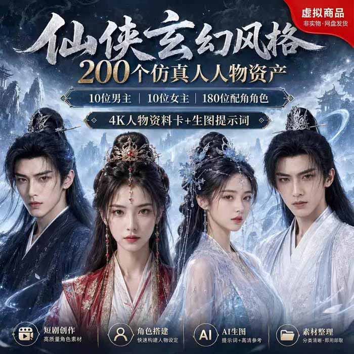 (19301期)200个仙侠玄幻仿真人素材◆10男主×10女主×180配角,4K资料卡+AI生图提示词,漫剧必备插图1 (19301期)200个仙侠玄幻仿真人素材◆10男主×10女主×180配角,4K资料卡+AI生图提示词,漫剧必备插图1