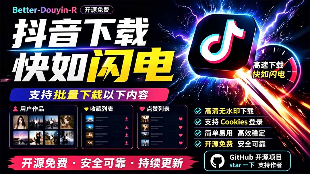 （19445期）别再乱找了！D音下载快如闪电，支持批量下载用户作品收藏列表和点赞列表，开源免费 Better-douyin-R插图1