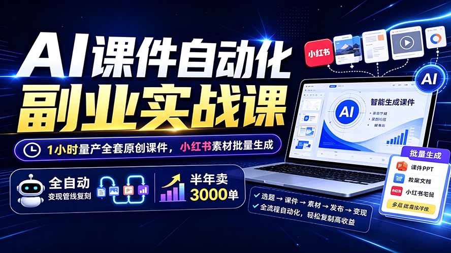 (19518期)AI课件自动化副业实战课:1小时量产全套原创课件×小红书素材批量生成×全自动变现管线×半年卖3000单插图 (19518期)AI课件自动化副业实战课:1小时量产全套原创课件×小红书素材批量生成×全自动变现管线×半年卖3000单插图