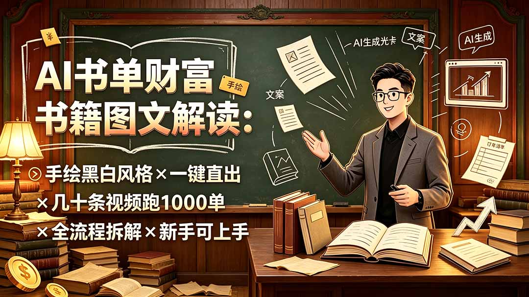 (19515期)AI书单财富书籍图文解读:手绘黑白风格×一键直出×几十条视频跑1000单×全流程拆解×新手可上手插图 (19515期)AI书单财富书籍图文解读:手绘黑白风格×一键直出×几十条视频跑1000单×全流程拆解×新手可上手插图